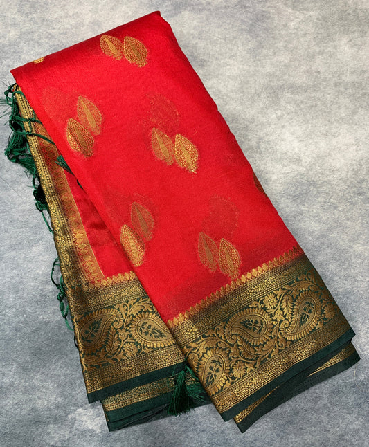 Crepe Saree Red Colour with Green Border