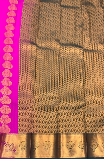 Vegan Silk Saree Rani Pink Colour Saree with Copper Border