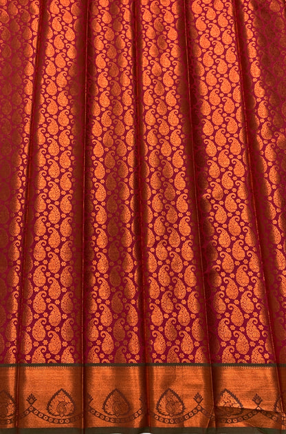 Vegan Silk Saree Maroon Colour with Copper and Green Border
