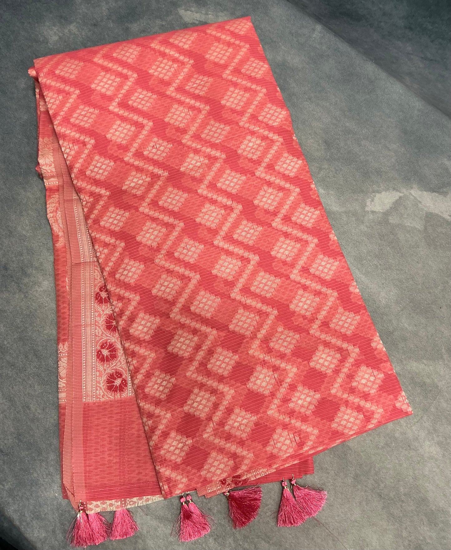 Chettinad Cotton Saree Peach Colour with Red Floral Motifs Sliver Zari Base Border