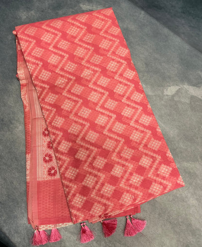 Chettinad Cotton Saree Peach Colour with Red Floral Motifs Sliver Zari Base Border