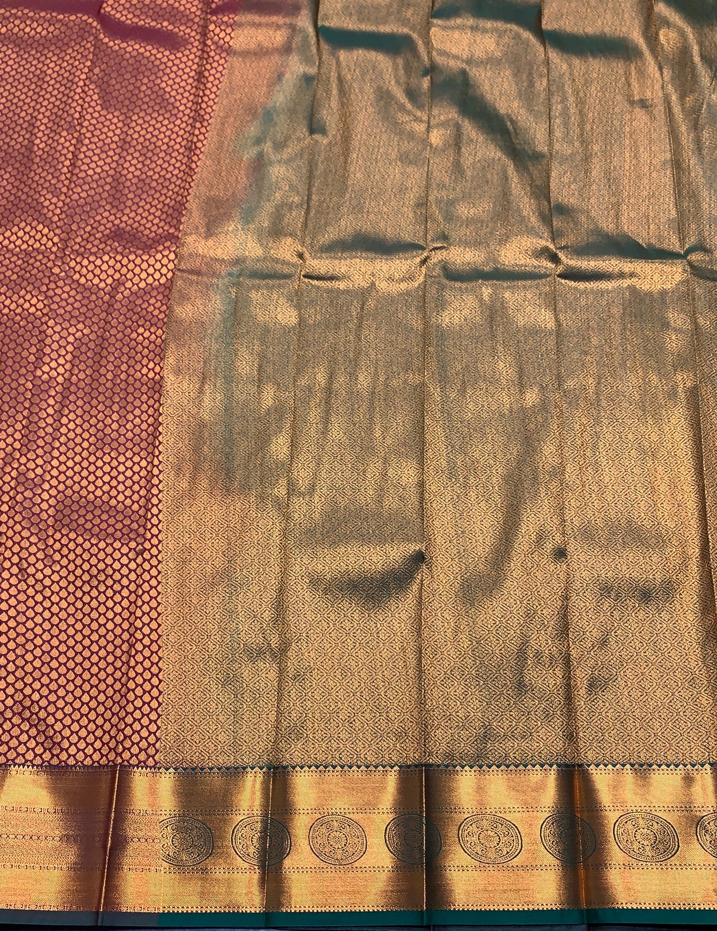 Vegan Silk Saree Brown Colour with Olive Green and Copper Border