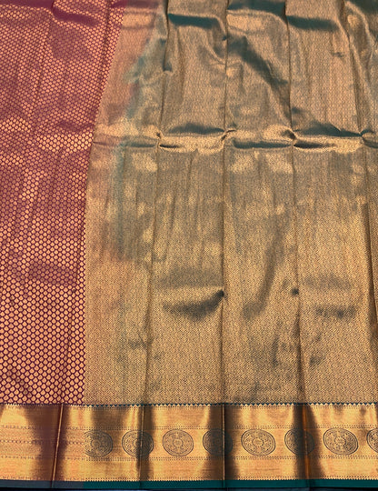 Vegan Silk Saree Brown Colour with Olive Green and Copper Border