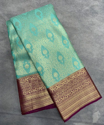 Fancy Tissue Saree Aqua Green Colour with Maroon Colour Border