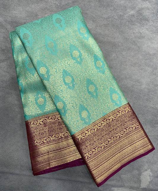 Fancy Tissue Saree Aqua Green Colour with Maroon Colour Border