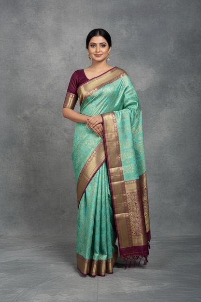 Fancy Tissue Saree Aqua Green Colour with Maroon Colour Border