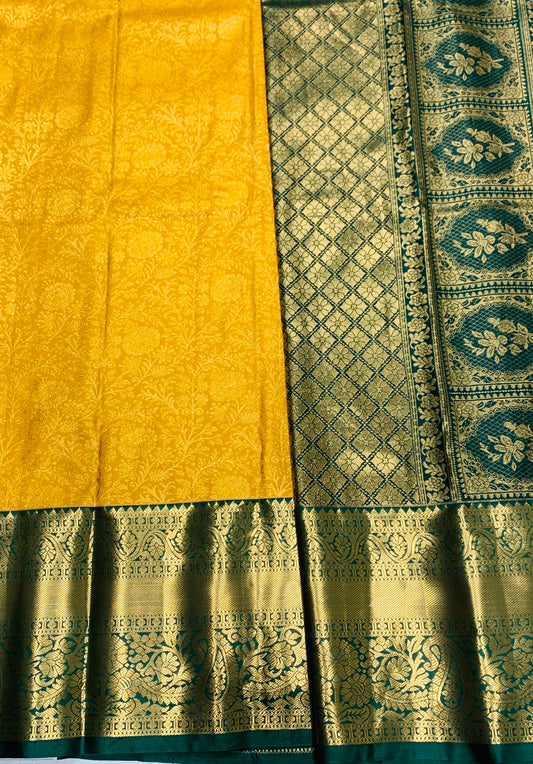 Golden Yellow Colour Semi Silk Saree with Big Green Border