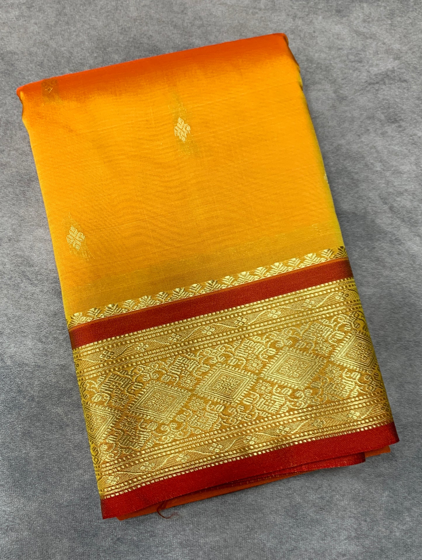 Mango Yellow Shade Saree with Golden and Red Border