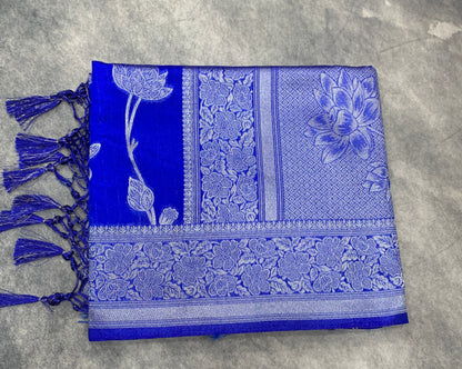 Soft Silk Casual Saree Ink Blue Colour with Sliver Colour Border