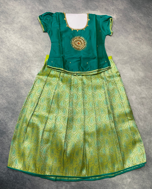 Ready To Wear Apple Green Pavadai with Contrast Peacock Green Blouse