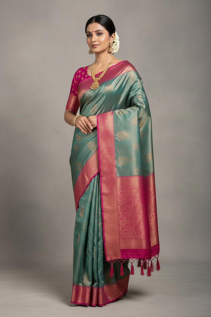 Soft Silk Saree Green Colour with Pink Colour Pallu