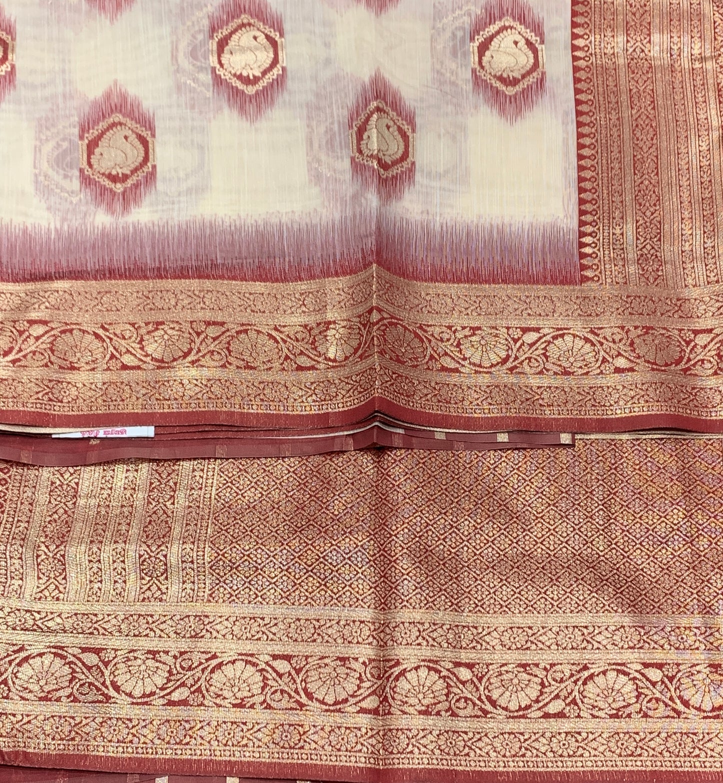 Banaras Katan Saree Off White Colour with Maroon Katan Work Border