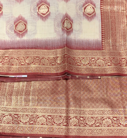 Banaras Katan Saree Off White Colour with Maroon Katan Work Border