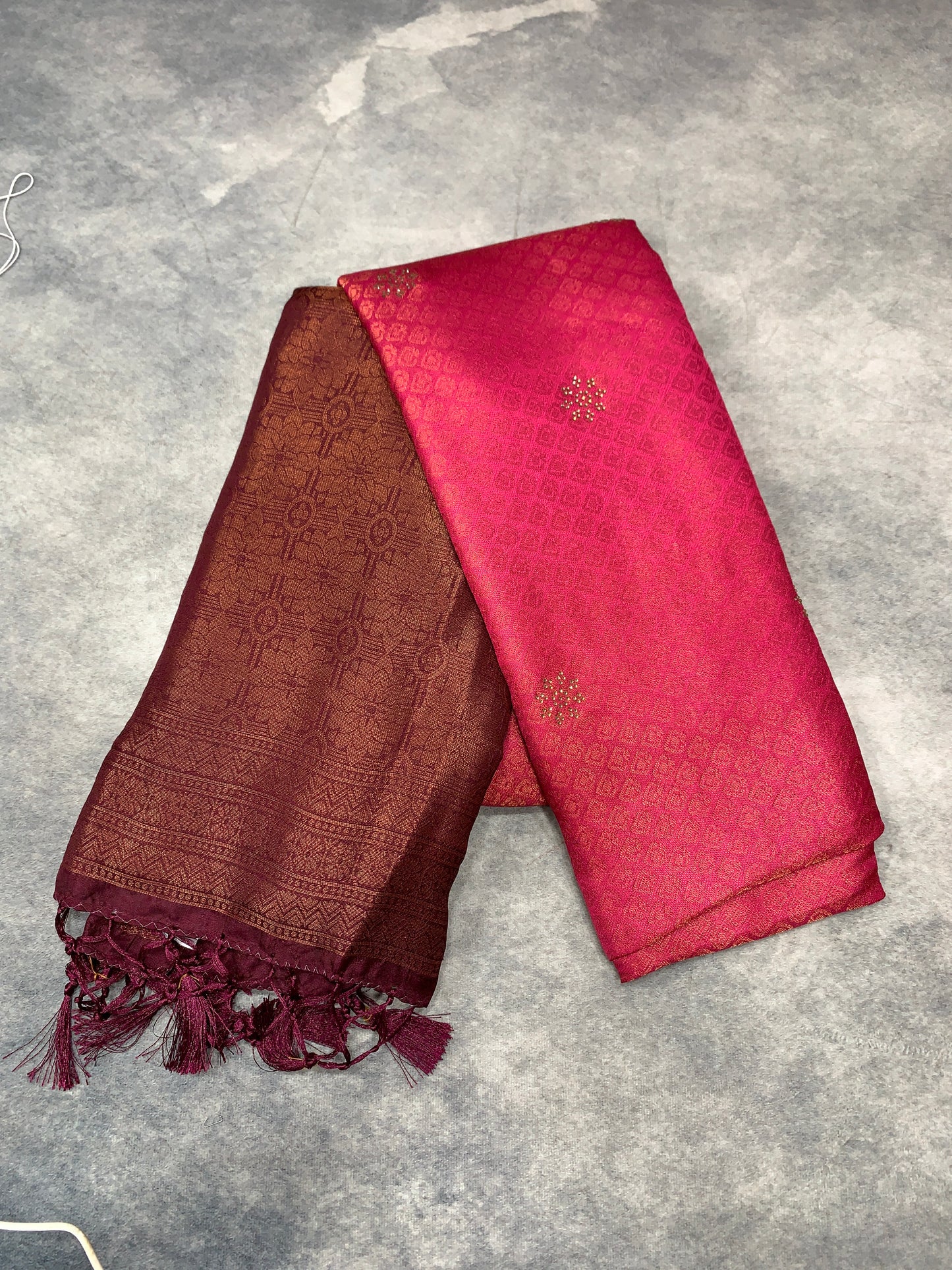 Soft Silk Saree Tomato Pink Colour and Stone Work with Brown Colour Pallu