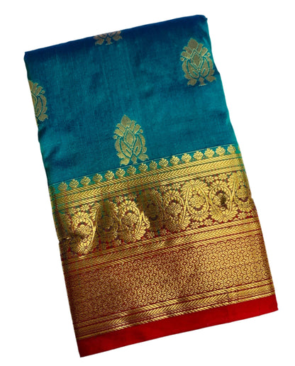 Pure Kanchipuram Silk Saree Sapphire Colour with Red Border