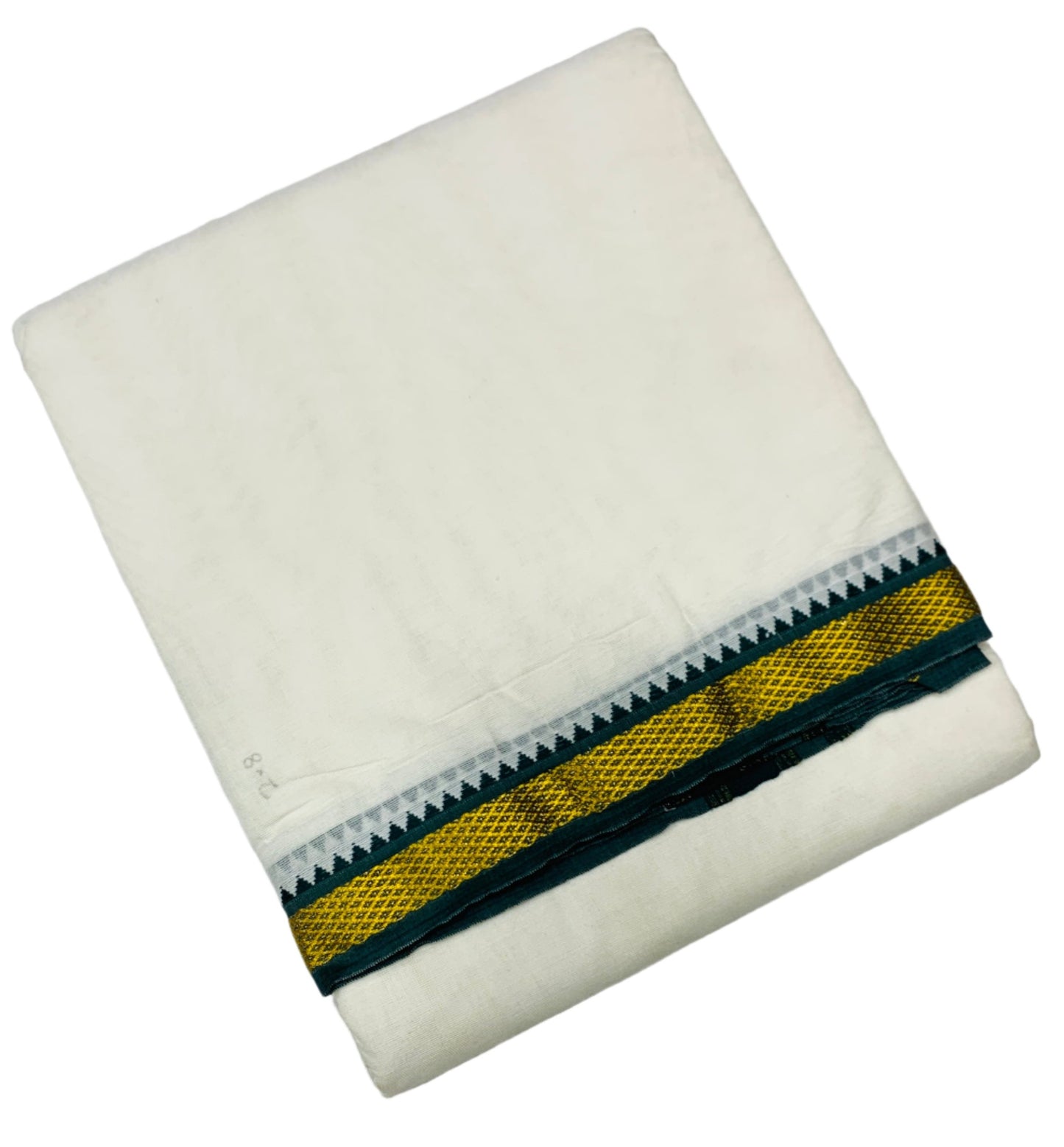 2X8 Cotton Dhoti Cream Colour with Green and Maroon Border