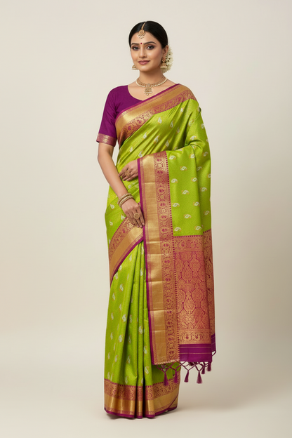 Bridal Vegan Silk Saree Apple Green shade with Pink Border with Unstitched blouse in Aari work