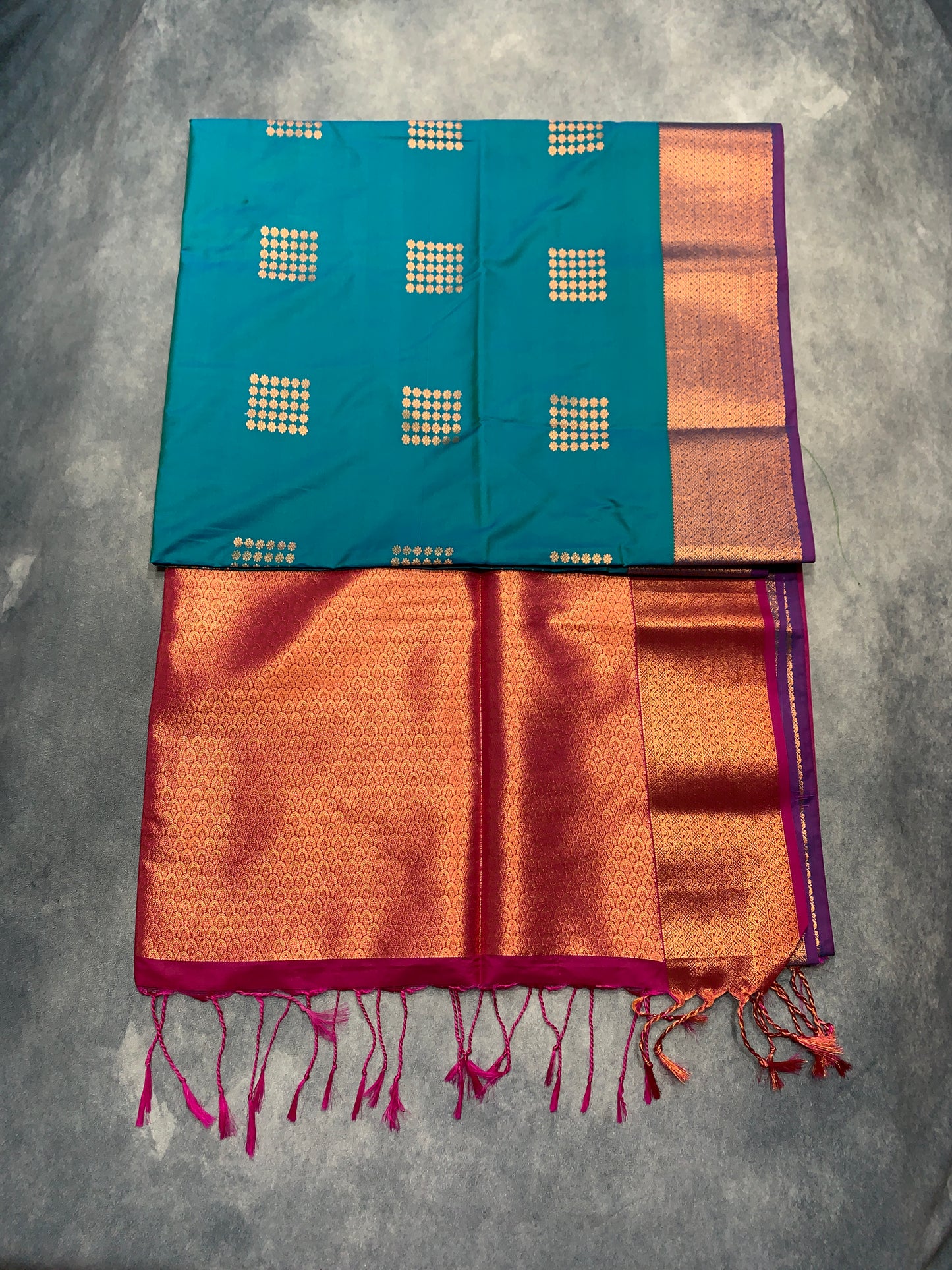 Soft Vegan Silk Saree Peacock Green Colour with Purple and Copper Border