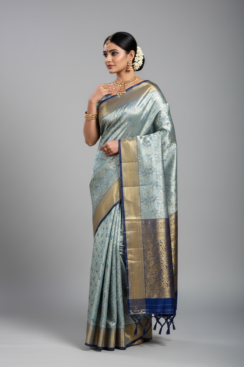 Sky Blue Shade Soft Kanchi Tissue Pattu Saree with Blue Border