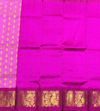 Pink Shade Pure Kanchipuram Kids Pattu Pavadai with Contrast Border for Newborn to 2 Years