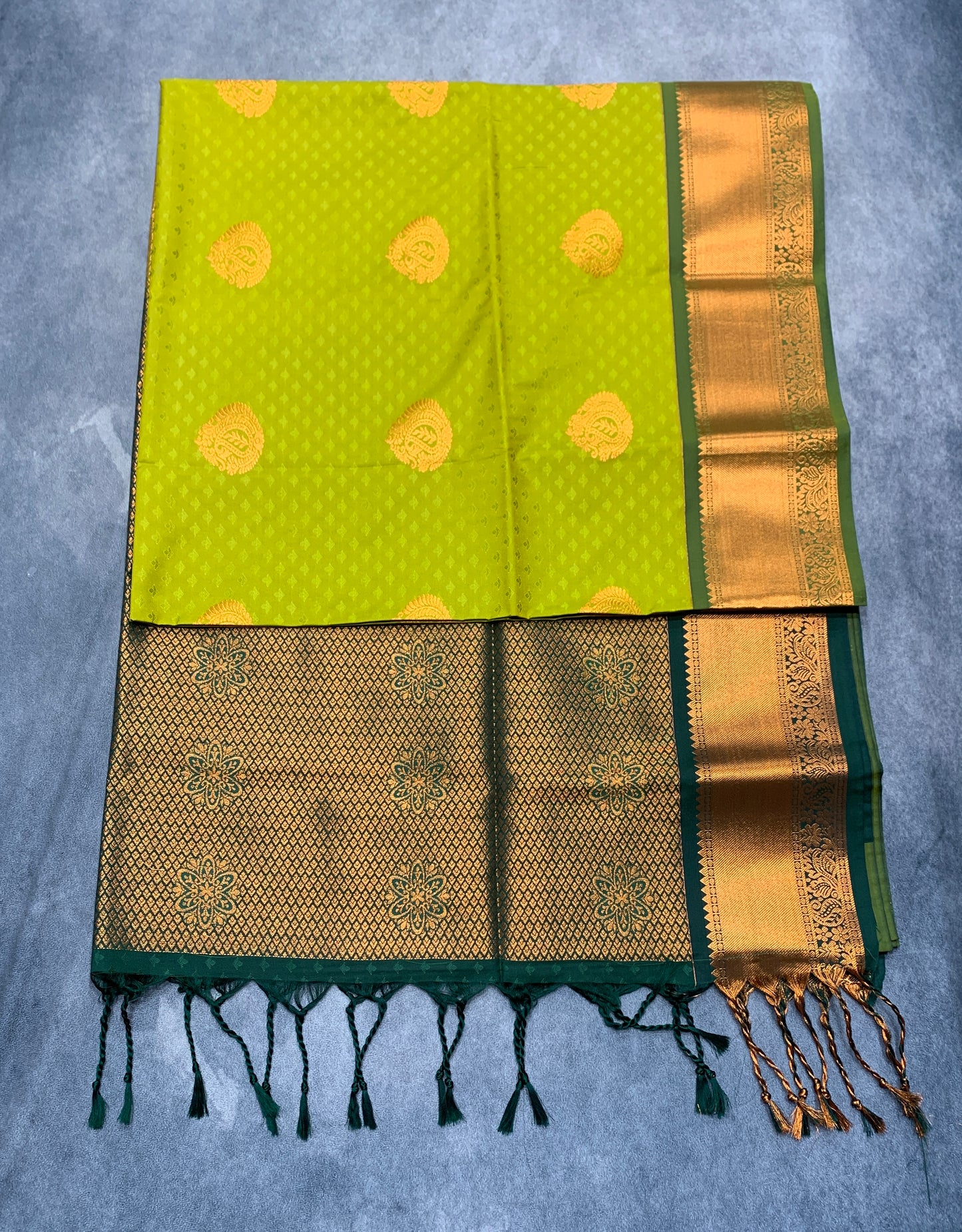 Soft Vegan Silk Saree Lime Green Colour with Green and Copper Border