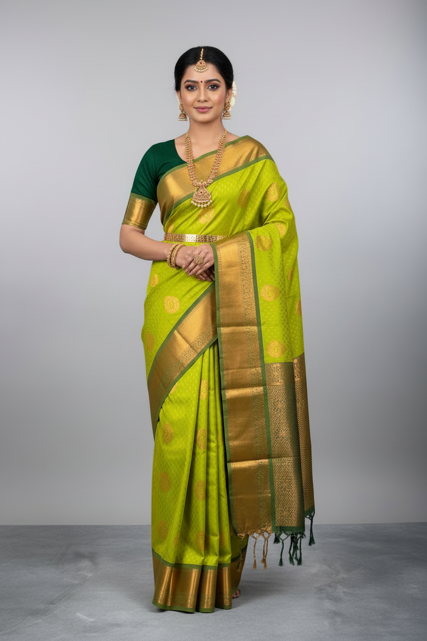 Soft Vegan Silk Saree Lime Green Colour with Green and Copper Border