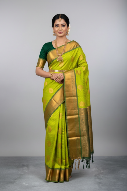 Soft Vegan Silk Saree Lime Green Colour with Green and Copper Border