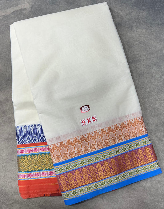 10X6 Cotton Dhoti White Colour with Blue Border