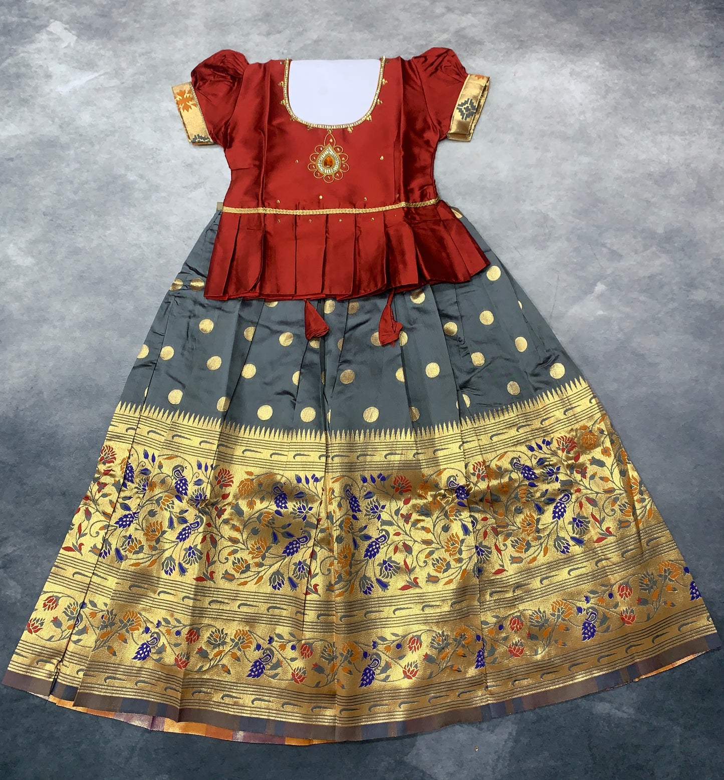 Ready To Wear Gray Pavadai with Contrast Maroon Blouse