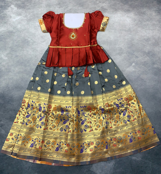 Ready To Wear Gray Pavadai with Contrast Maroon Blouse