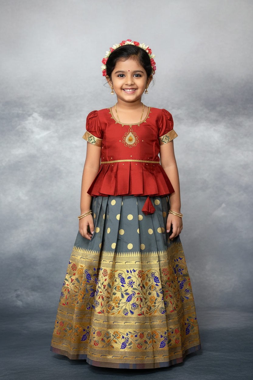 Ready To Wear Gray Pavadai with Contrast Maroon Blouse