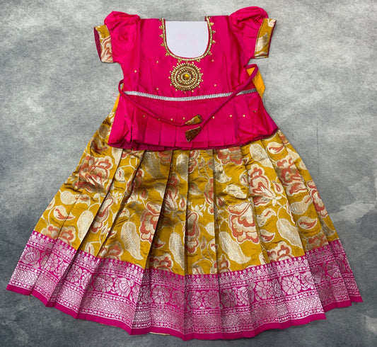Ready To Wear Golden Yellow Pavadai with Contrast Pink Blouse
