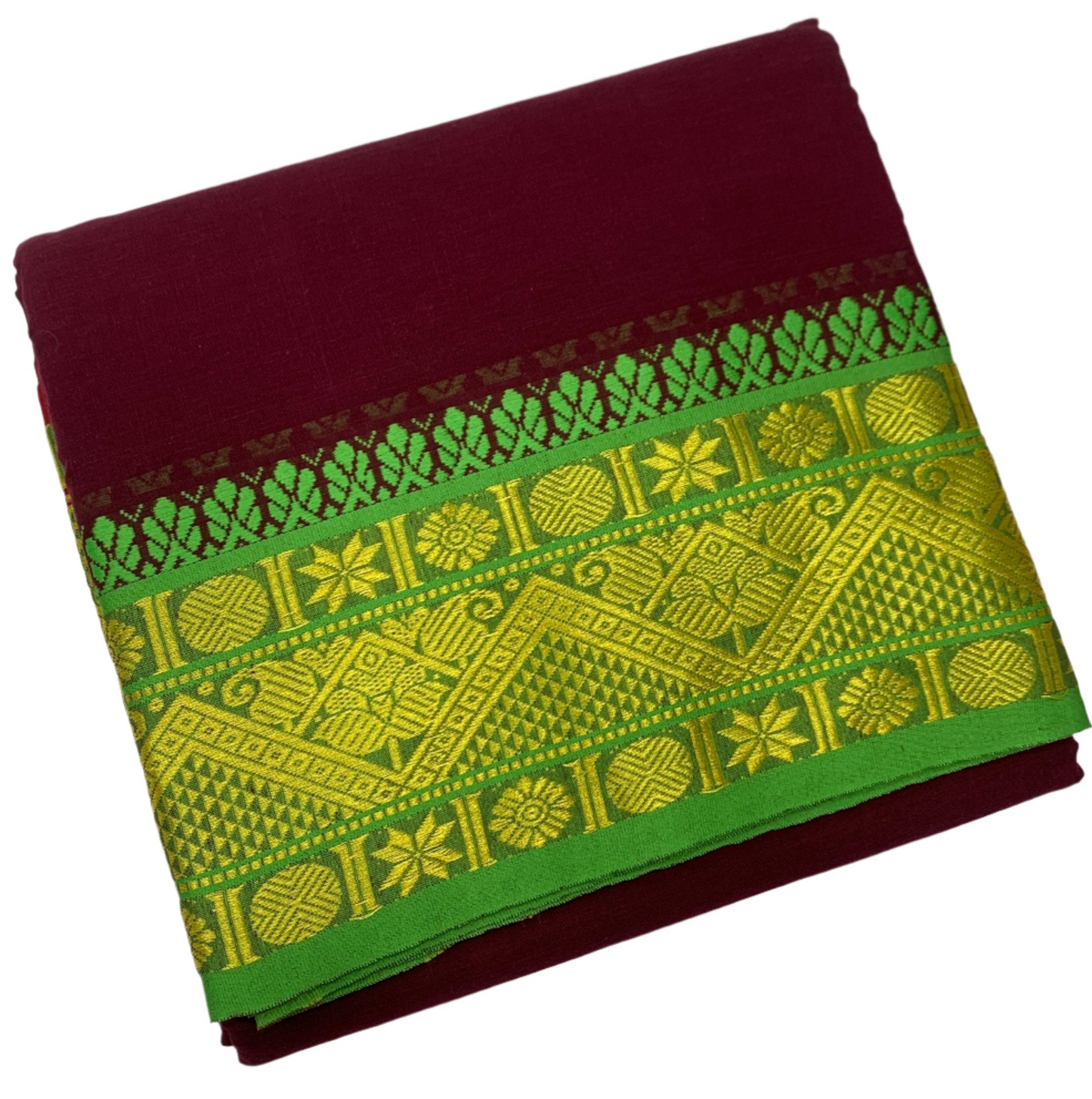 9X5 Cotton Dhoti Brown Colour with Light Green and Red Border