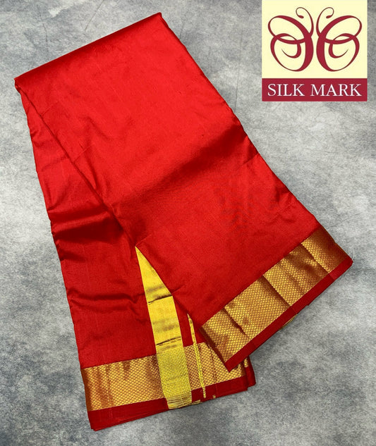 9X5 Pure Silk Dhoti Red with Large Golden Zari Border