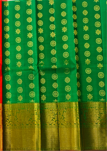 Green shade Pure kanchipuram Kids Pattu Pavadai with Golden border for newborn to 2