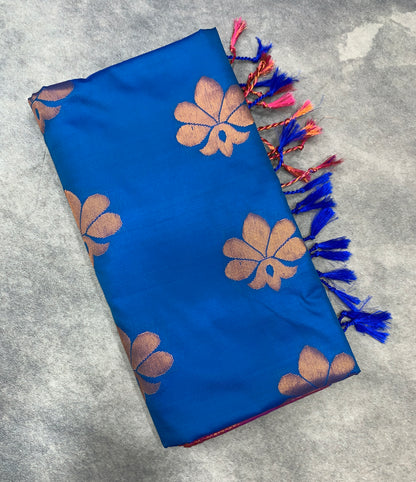 Soft Vegan Silk Saree Sky Blue Colour with Purple and Copper Border