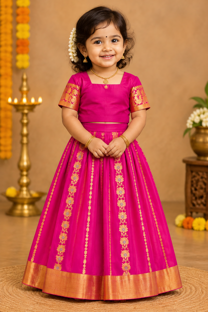 Pink Shade Semi Silk Kids Pattu Pavadai with Contrast border for Age 2 to 5 Years