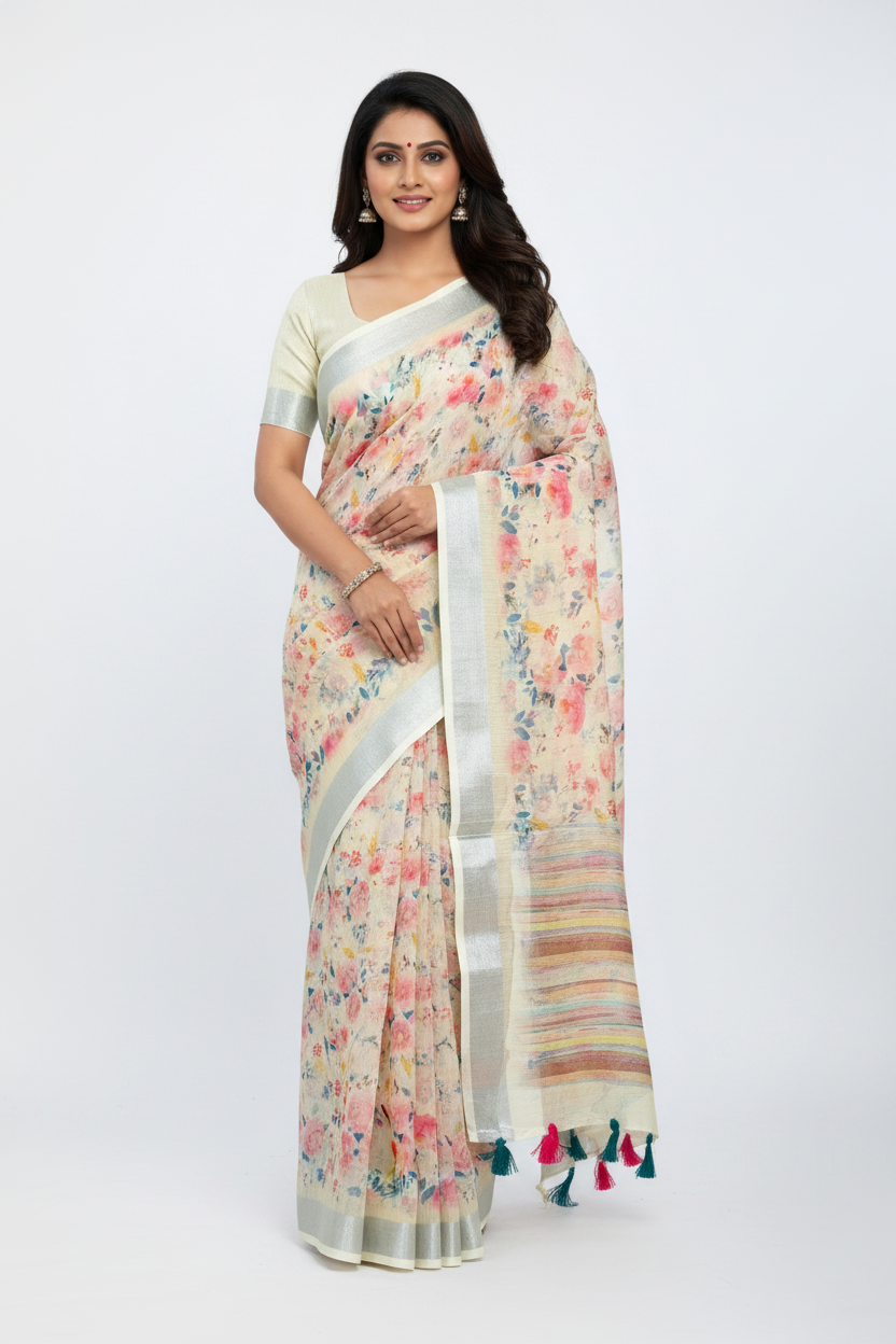 Jute Cotton Saree Lemon Yellow Shade with Thread Border