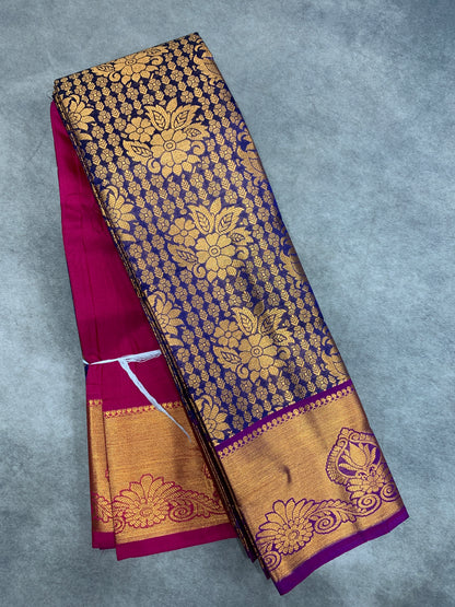 Vegan Silk Saree Violet Colour with Pink and Copper Border