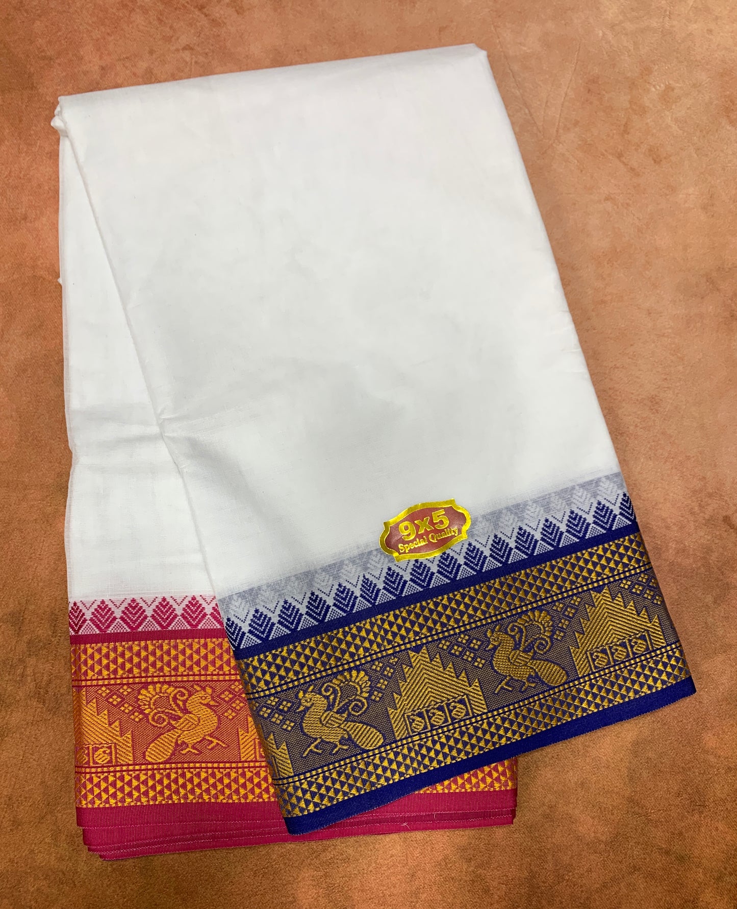 9X5 Cotton Dhoti White with Blue and Pink Ganga Jamuna Border