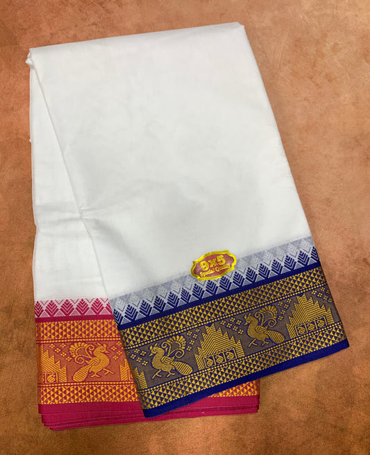 9X5 Cotton Dhoti White with Blue and Pink Ganga Jamuna Border