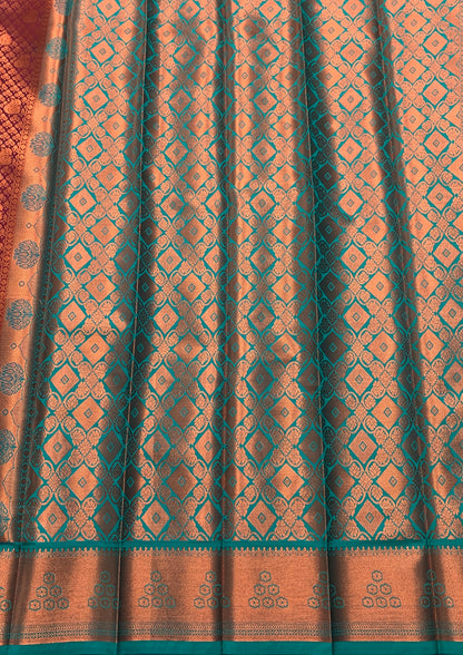 Vegan Silk Saree Maroon Colour with Copper and Sapphire Border