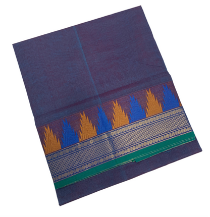 Chettinad Cotton Saree Peacock Blue Shade with Gopuram Design Border