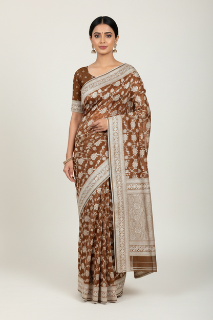 Banaras Katan Saree Brown Colour with Katan Work Border