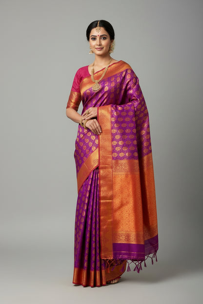 Vegan Silk Saree Purple Colour with Pink and Copper Border