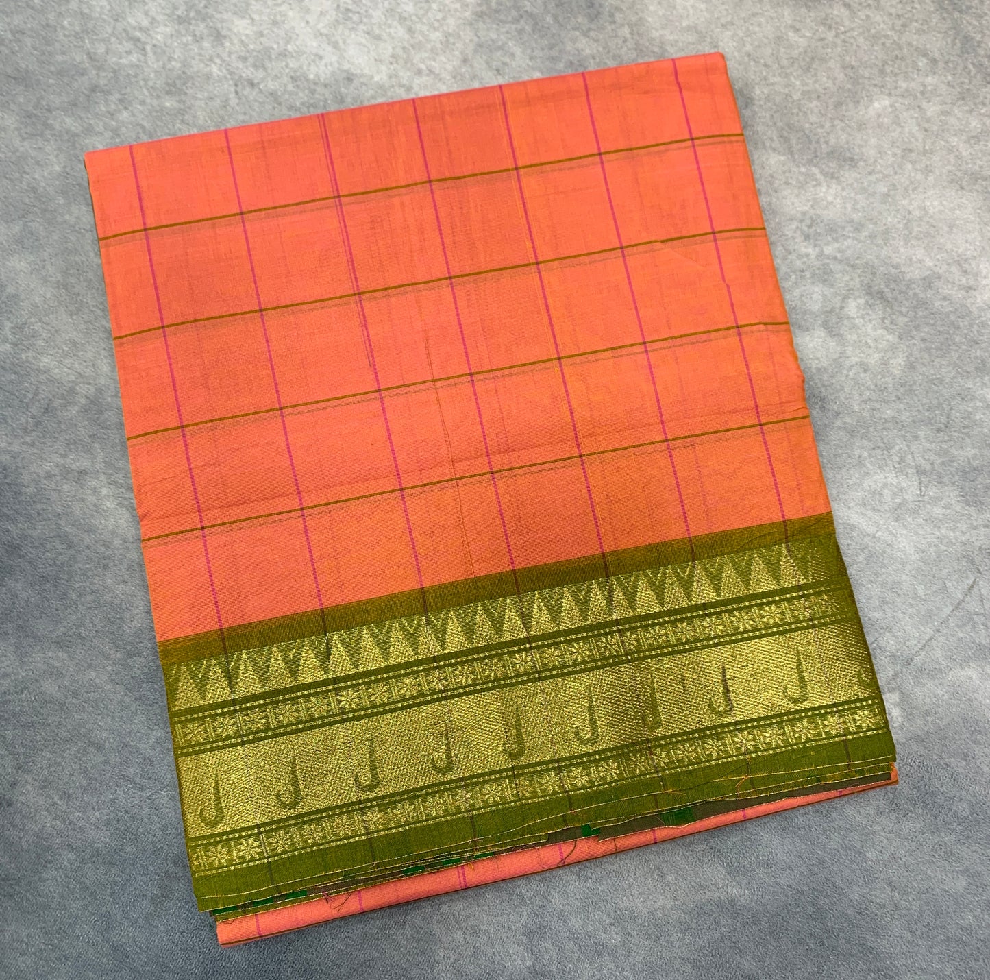 Chettinad Cotton Saree Orange Shade with Olive Green Colour Border