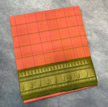 Chettinad Cotton Saree Orange Shade with Olive Green Colour Border