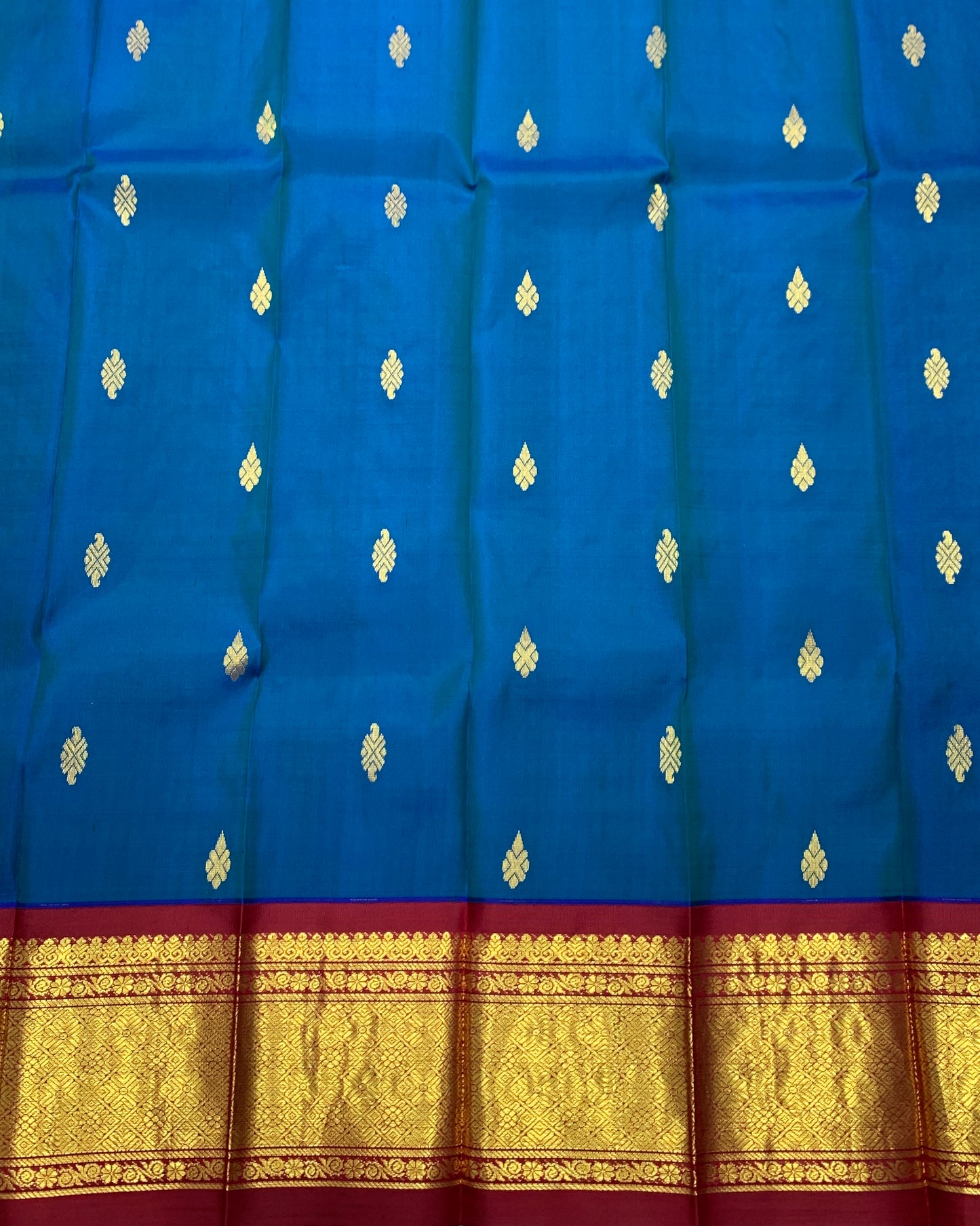 Pure Kanchipuram Silk Saree Blue Colour with Maroon and Gold Zari Border