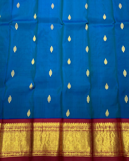 Pure Kanchipuram Silk Saree Blue Colour with Maroon and Gold Zari Border