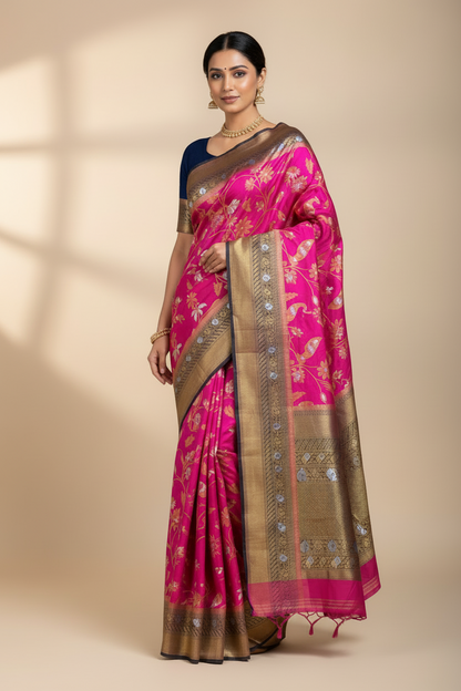 Banaras Soft Silk Saree Pink Colour with Navy Blue Colour Border
